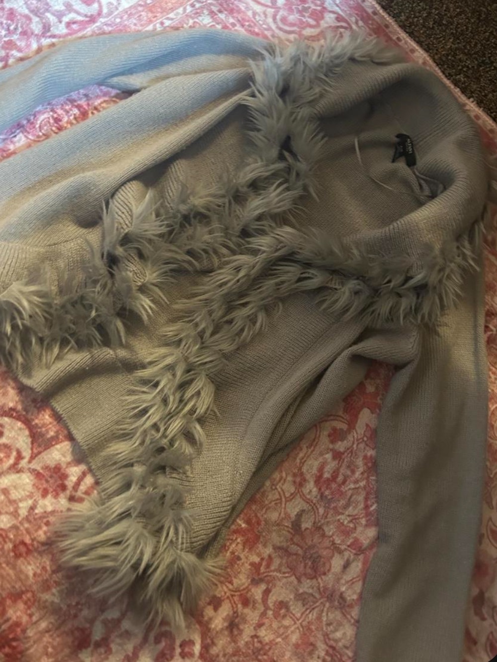 Alfani Grey Faux Fur Trim Knit Shawl